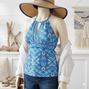 Liz Claiborne Blue Paisley Halter Tankini Swim Top Size 16 Boho Medallion Print